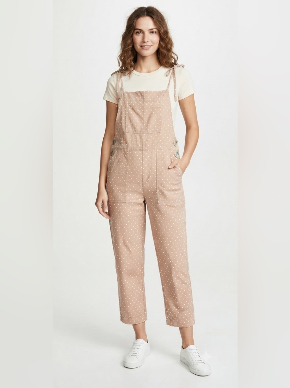 Fantastic Fawn Tan with White Polka Dots Tie Strap Straight Leg Overalls EUC L